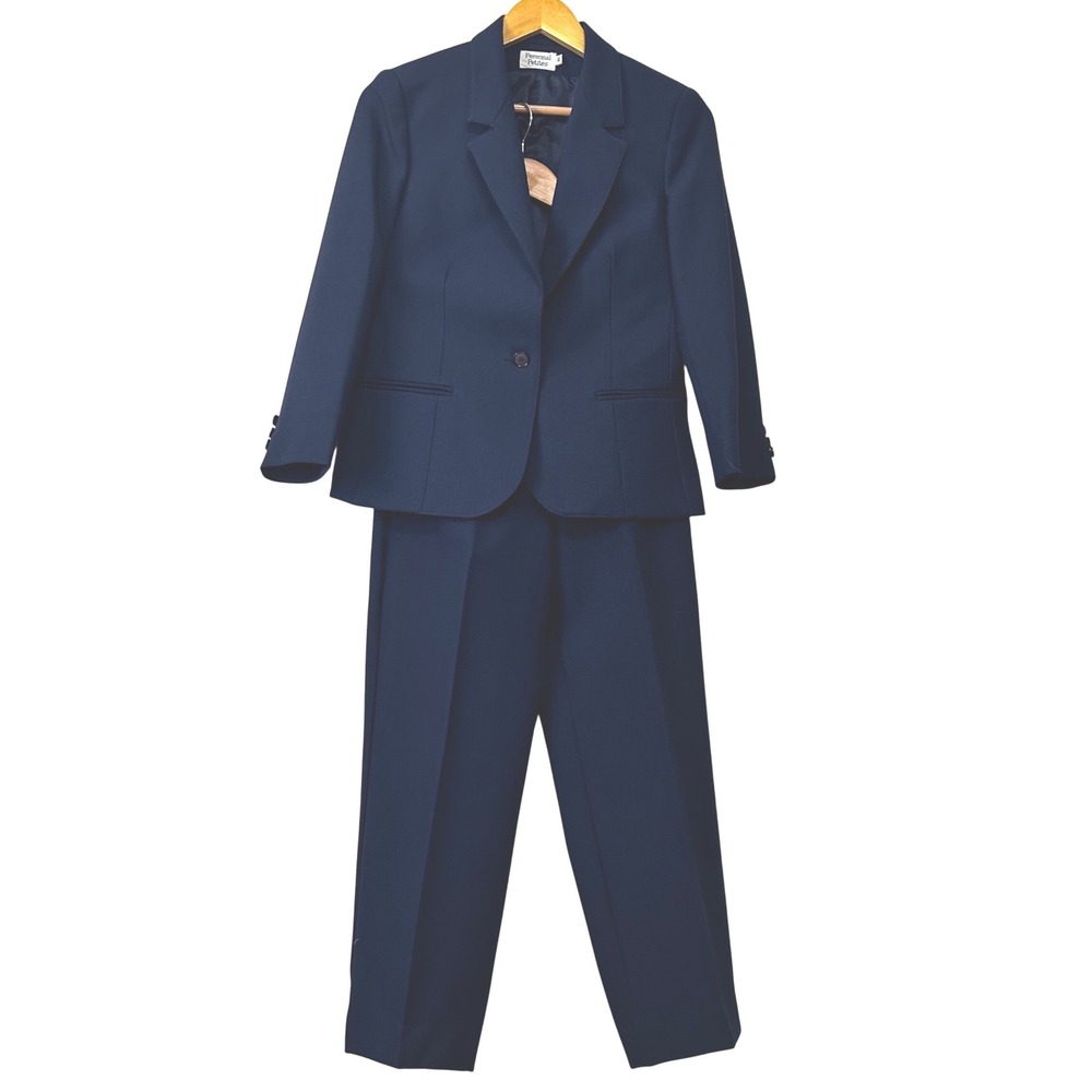 Personal Petites Navy Blue Two Piece Pant Suit Blazer Trousers Set Size 10P/8P